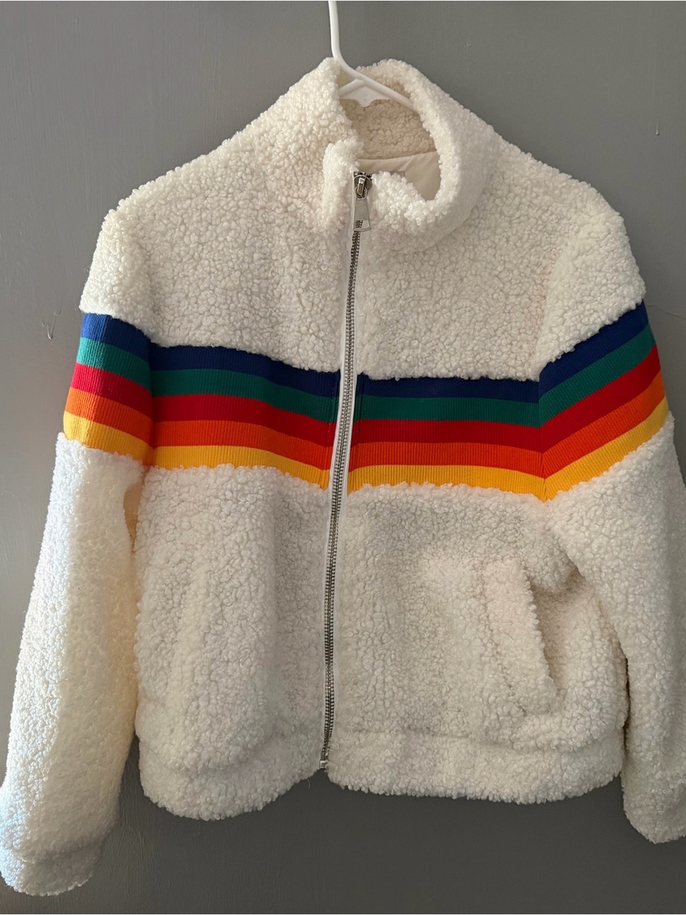 Anthropologie paper crane Cream Sherpa Zip Jacket with Rainbow Stripe size small